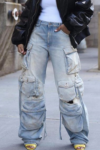 Blue Casual Solid Color Pocket High Waist Loose Denim Jeans