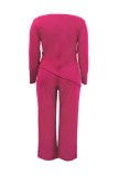 Deep Pink Casual Daily Solid Color Irregular O Neck Plus Size Two Pieces