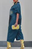 Blue Casual Daily Patchwork Pocket Buttons O Neck Half Sleeve Regular Denim Jumpsuits