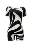 Black And White Sexy Hot Irregular Printed Oblique Collar Regular Rompers