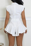 White Sexy Hot Solid Color Belted Turndown Collar Regular Rompers