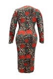 Multicolor Casual Daily Print Basic V Neck Long Sleeve Plus Size Dresses