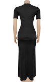 Black Gold Elegant Slit Hot Drill O Neck Long Dresses