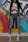 Deep Blue Casual Daily Gradient Color Pocket Patchwork Belted Mid Waist Straight Denim Shorts