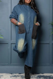 Blue Casual Daily Patchwork Pocket Buttons O Neck Half Sleeve Regular Denim Jumpsuits