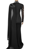 Black Elegant Solid Color Hot Drill O Neck Long Dresses