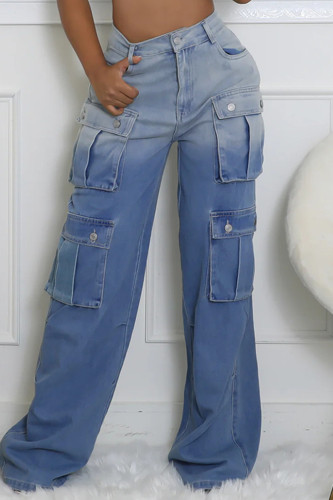 Blue Casual Street Daily Gradient Color Pocket Patchwork Mid Waist Straight Denim Jeans