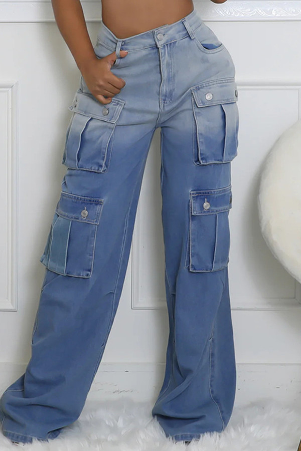 Blue Casual Street Daily Gradient Color Pocket Patchwork Mid Waist Straight Denim Jeans