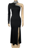 Black Sexy Solid Color Slit Hot Drill O Neck Long Dresses
