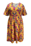 Orange Casual Daily Print Basic V Neck A Line Plus Size Dresses
