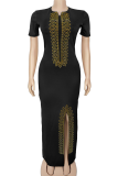 Black Gold Elegant Slit Hot Drill O Neck Long Dresses