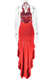 Red Sexy Solid Color Backless High Slit Halter Dresses