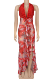 Red Sexy Print Backless Slit Strap Design Deep V Neck Irregular Dresses