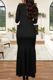Black Elegant Solid Color Slit Hot Drill O Neck Long Dresses