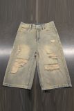 Blue Casual Solid Color Ripped Mid Waist Straight Denim Shorts