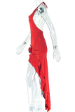 Red Sexy Solid Color Backless High Slit Halter Dresses