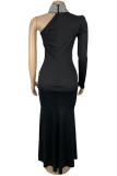 Black Sexy Solid Color Slit Hot Drill O Neck Long Dresses