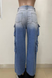 Blue Casual Street Daily Gradient Color Pocket Patchwork Mid Waist Straight Denim Jeans