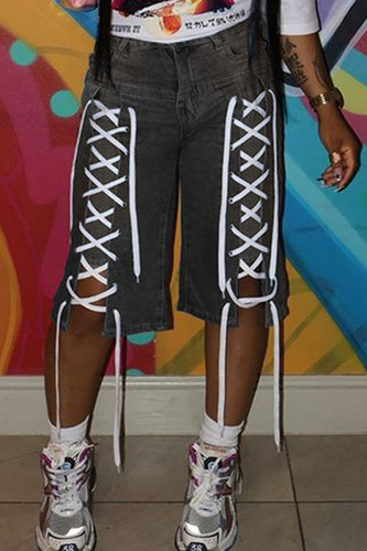 Grey Black Casual Daily Gradient Color Pocket Patchwork Belted Mid Waist Straight Denim Shorts