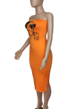 Tangerine Red Sexy Print Slit Strapless Long Dresses