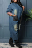 Blue Casual Daily Patchwork Pocket Buttons O Neck Half Sleeve Regular Denim Jumpsuits