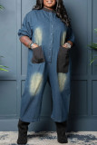 Blue Casual Daily Patchwork Pocket Buttons O Neck Half Sleeve Regular Denim Jumpsuits