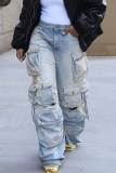Blue Casual Solid Color Pocket High Waist Loose Denim Jeans