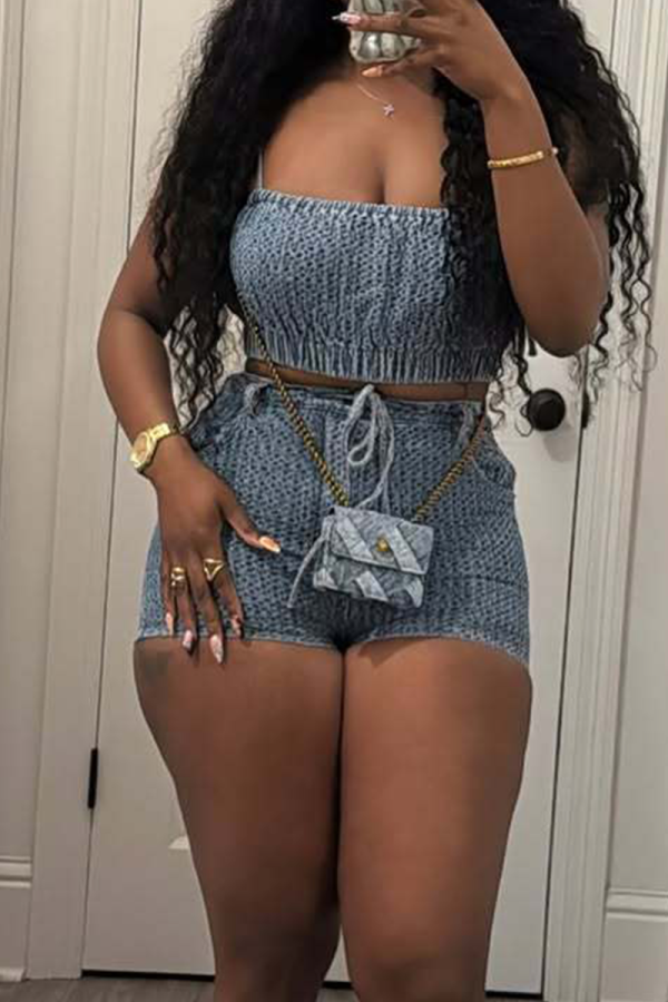 Blue Sexy Solid Color Strap Design Spaghetti Strap Sleeveless Two Pieces