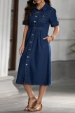 Light Blue Casual Daily Solid Color Buttons Turndown Collar Short Sleeve Regular Denim Dresses