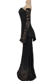 Black Sexy Solid Color Lace Slit Strapless Long Sleeve Two Pieces