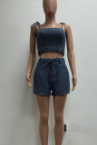 Blue Sexy Solid Color Strap Design Spaghetti Strap Sleeveless Two Pieces