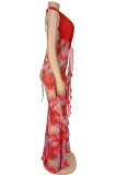 Red Sexy Print Backless Slit Strap Design Deep V Neck Irregular Dresses