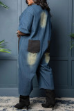 Blue Casual Daily Patchwork Pocket Buttons O Neck Half Sleeve Regular Denim Jumpsuits
