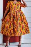 Orange Casual Daily Print Basic V Neck A Line Plus Size Dresses