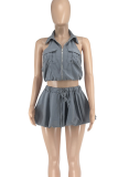 Grey Sexy Solid Color Pocket Zipper Turndown Collar Sleeveless Two Pieces