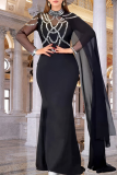 Black Elegant Solid Color Hot Drill O Neck Long Dresses