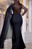 Black Elegant Solid Color Hot Drill O Neck Long Dresses