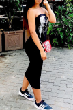 Tangerine Red Sexy Print Slit Strapless Long Dresses