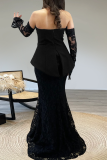 Black Sexy Solid Color Lace Slit Strapless Long Sleeve Two Pieces