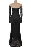 Black Sexy Solid Color Lace Slit Strapless Long Sleeve Two Pieces