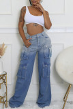 Blue Casual Street Daily Gradient Color Pocket Patchwork Mid Waist Straight Denim Jeans