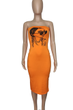 Tangerine Red Sexy Print Slit Strapless Long Dresses