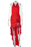 Red Sexy Solid Color Backless High Slit Halter Dresses