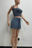 Blue Sexy Solid Color Strap Design Spaghetti Strap Sleeveless Two Pieces
