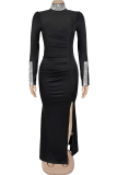 Black Elegant Solid Color Slit Hot Drill O Neck Long Dresses