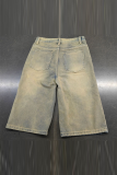 Blue Casual Solid Color Ripped Mid Waist Straight Denim Shorts