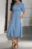 Light Blue Casual Daily Solid Color Buttons Turndown Collar Short Sleeve Regular Denim Dresses
