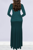 Ink Green Elegant Solid Color Hollow Out Hot Drill O Neck Long Dresses