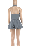Grey Sexy Solid Color Pocket Zipper Turndown Collar Sleeveless Two Pieces