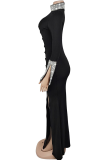 Black Elegant Solid Color Slit Hot Drill O Neck Long Dresses